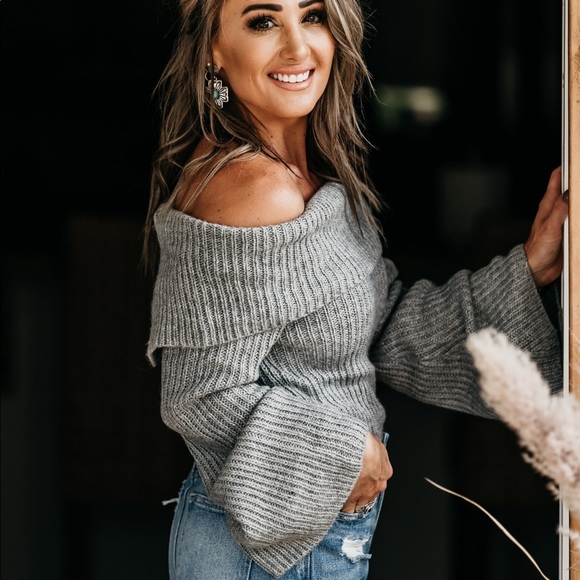 Grey off the shoulder ribbed fall sweater bell - Picture 3 of 5